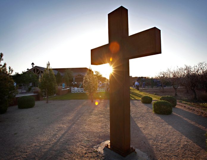 People gather at a church for an Easter sunrise service.