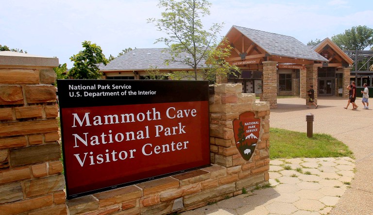 A sign is seen in Mammoth Cave National Park in Kentucky.