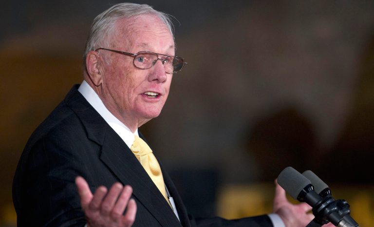 Astronaut Neil Armstrong speaks on Capitol Hill in Washington, Wednesday, Nov 16, 2011, during a ceremony where he received a Congressional Gold Medal.  