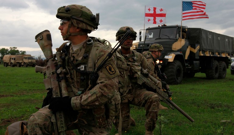 US servicemen take part in the joint US-Georgia military exercise Noble Partner 2015 at the military base of Vaziani outside Tbilisi, Georgia, Sunday, May 17, 2015. Exercise Noble Partner is a bilateral effort focused on enhancing US and Georgian NATO Response Force interoperability in the context of military-to-military relationships, the United States Army Europe says on its website. It involves some 600 Georgian and US service members.