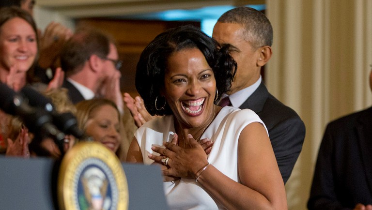 2016 National Teacher of the Year Jahana Hayes reacts to taking the stage with President Barack Obama and Education Secretary John B. King Jr. (AP Photo/Pablo Martinez Monsivais)