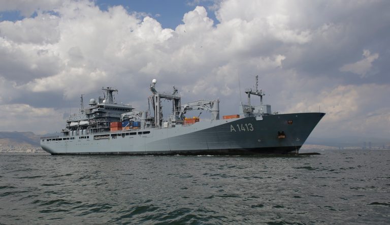The NATO German warship FGS Bonn departs from the harbor of the city of Izmir, Turkey, Thursday, May 26, 2016. 