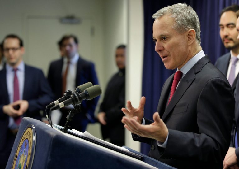 FILE - In this March 21, 2016 file photo, New York Attorney General Eric Schneiderman speaks at a news conference in New York. As the 2016 legislative session draws to close, lawmakers still need to debate the legalization and regulation of daily fantasy sports. Schneiderman said the games amount to illegal gambling.