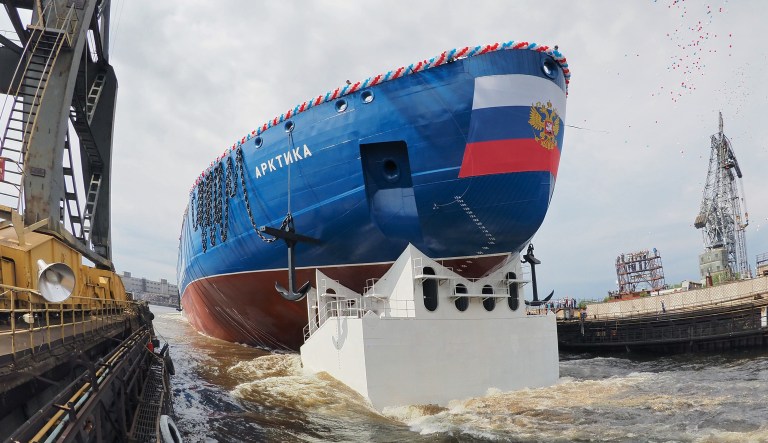 The new Russian nuclear-powered icebreaker Arktika (Arctic) launches in St. Petersburg, Russia, Thursday, June 16, 2016. Russia has been modernizing its icebreaker fleet as part of its efforts to strengthen its Arctic presence.