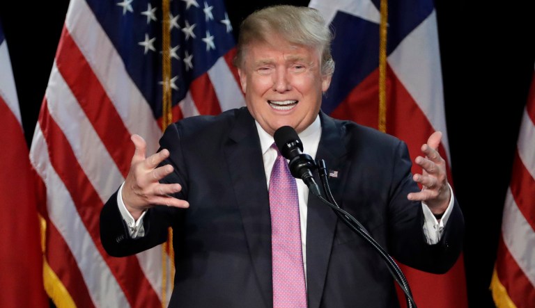 Republican presidential candidate Donald Trump speaks during a rally Friday, June 17, 2016, in The Woodlands, Texas.