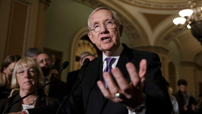 Senate Minority Leader Harry Reid of Nev., and Sen. Patty Murray, D-Wash., left, face reporters on Capitol Hill in Washington, Tuesday, June 28, 2016, as the Senate split along party lines and left a $1.1 billion proposal to fight the Zika virus in limbo. (AP Photo/J. Scott Applewhite)
