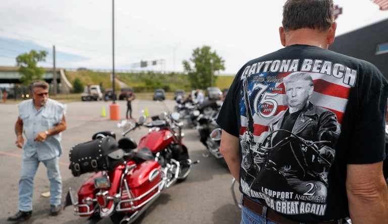 Supporters participate in a Bikers for Trump rally and ride for Republican Presidential candidate Donald Trump on Monday, July 18, 2016, in Cleveland, during the first day of the Republican convention. 