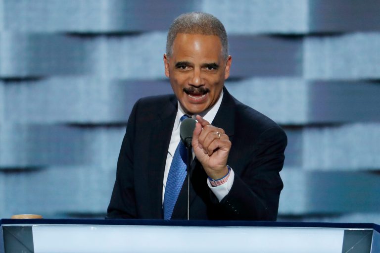 Former Attorney General Eric Holder speaks during the second day of the Democratic National Convention in Philadelphia , Tuesday, July 26, 2016.