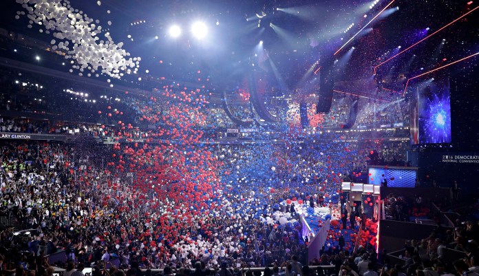 Balloons fall during the final day of the Democratic National Convention, Thursday, July 28, 2016, in Philadelphia.