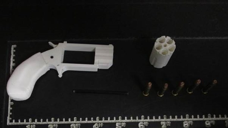 A plastic replica 3-D printed revolver TSA agents recovered from a passenger's carry-on bag at Reno-Tahoe International Airport in Reno, Nev.