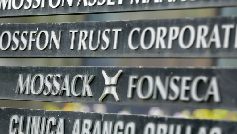 A marquee of the Arango Orillac Building lists the Mossack Fonseca law firm, in Panama City.