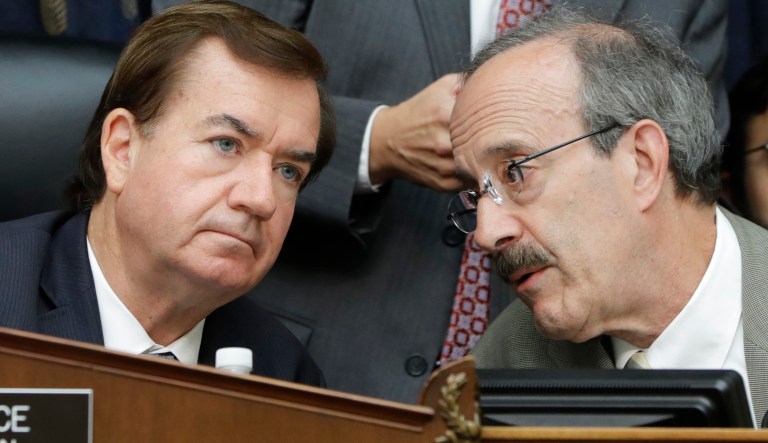 House Foreign Affairs Committee Chairman Rep. Ed Royce, R-Calif., left, listens to the committee's ranking member Rep. Eliot Engel, D-N.Y., on Capitol Hill in Washington, Wednesday, Sept. 14, 2016, during the committee's hearing on Iran. The committee approved legislation to prohibit the U.S. from making cash payments to Iran and requires that any future settlements with Tehran be conducted openly.