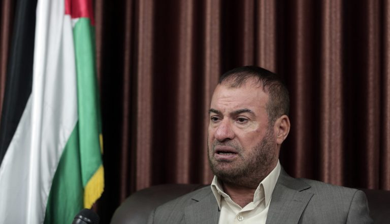 Palestinian senior Hamas official, Fathi Hammad, speaks to the Associated Press reporter during an interview in his house in town of Beit Lahiya, northern Gaza Strip, Saturday, Sept. 17, 2016.