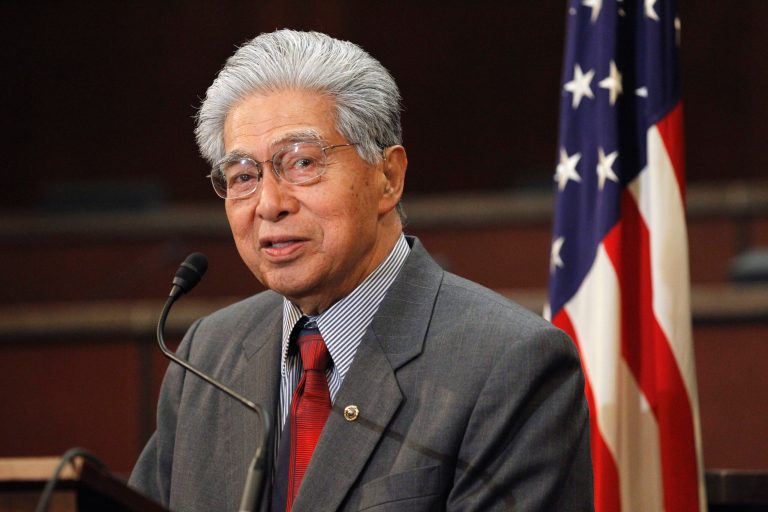 In this 2011 file photo, then-Sen. Daniel Akaka, D-Hawaii, speaks during a news conference on Capitol Hill in Washington. The former senator died on Friday.