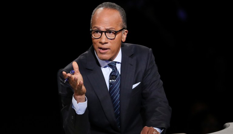 Moderator Lester Holt, anchor of NBC Nightly News, asks a question of Democratic presidential nominee Hillary Clinton during the presidential debate Republican presidential nominee Donald Trump at Hofstra University in Hempstead, N.Y., Monday, Sept. 26, 2016.