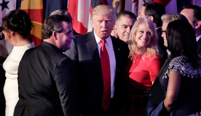 President-elect Donald Trump talks to supporters after giving his acceptance speech at an election night rally on Nov. 9, 2016, in New York.