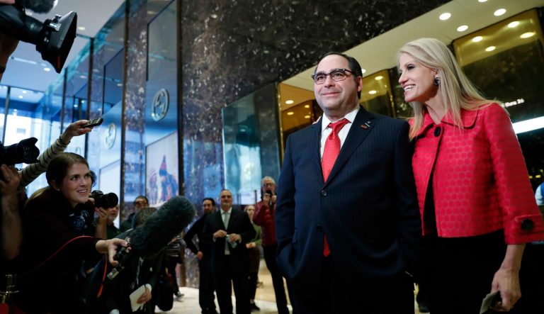 George Gigicos and Kellyanne Conway, campaign manager for President-elect Donald Trump, talk with media at Trump Tower, Thursday, Nov. 17, 2016, in New York. 