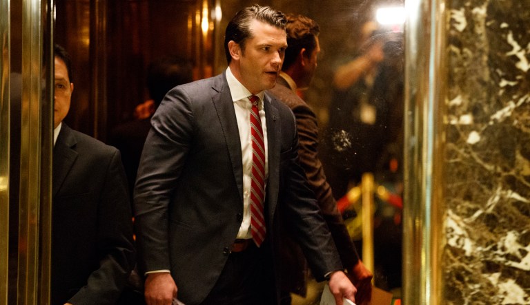 Fox News contributor Pete Hegseth gets on an elevator after arriving at Trump Tower, Tuesday, Nov. 29, 2016, in New York. 