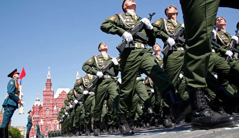 Russian soldiers march during the Victory Day military parade marking 71 years after the victory in WWII in Red Square in Moscow, Russia, Monday, May 9, 2016.