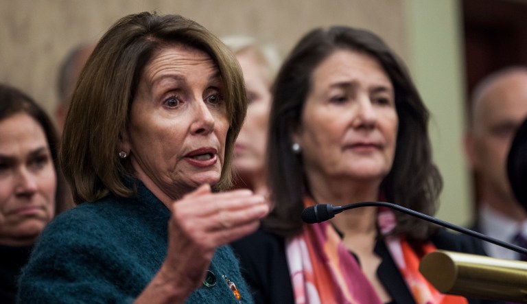 House Minority Leader Nancy Pelosi of Calif., accompanied by Rep. Diana DeGette, D-Colo., and others, speaks during a news conference discussing women's health care, Thursday, Jan. 5, 2017, on Capitol Hill in Washington.