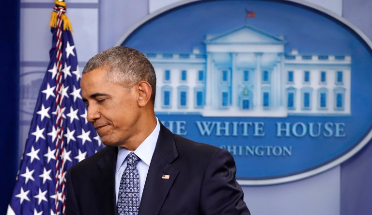 President Barack Obama leaves the podium at the conclusion of his final presidential news conference on Jan. 18, 2017 in the briefing room of the White House in Washington.
