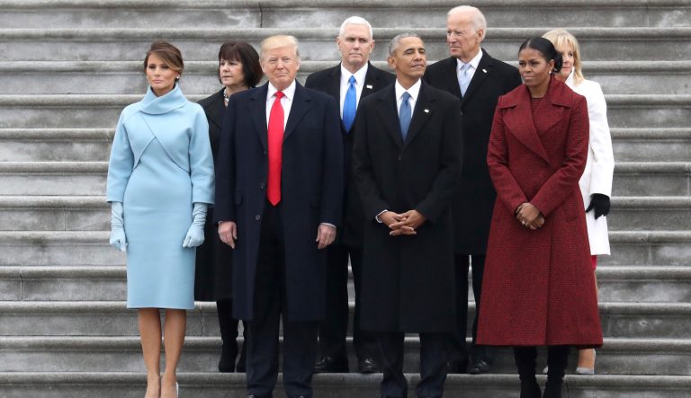 From left, first lady Melania Trump, Karen Pence, President Donald Trump, Vice President Mike Pence, former president Barack Obama, former vice president Joe Biden, Michelle Obama and Jill Biden stand on the steps of the U.S. Capitol on Friday, Jan. 20, 2017, in Washington, after Trump's inauguration ceremony. 