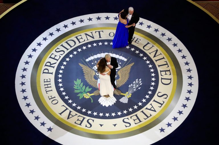 President Trump and first lady Melania Trump are joined by Vice President Mike Pence and his wife Karen for a dance on a large presidential seal at the Salute to Armed Forces Ball for Trump on his Inauguration, Jan. 20, 2017. That day saw a spike in sales of the U.S. Constitution.