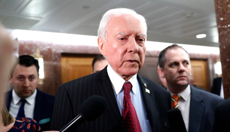 Sen. Orrin Hatch, R-Utah, talks to reporters at the Capitol.