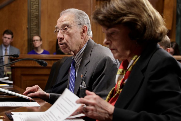 Senate Judiciary Committee Chairman Sen. Charles Grassley, R-Iowa, accompanied by the committee's ranking member, Sen. Dianne Feinstein, D-Calif., speaks on Capitol Hill in Washington, Monday, March 27, 2017.