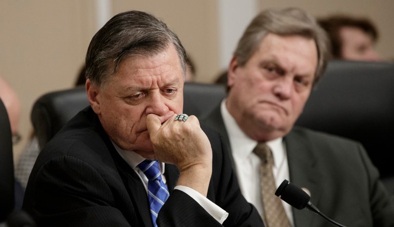 Rep. Tom Cole, R-Okla., left, and Rep. Mike Simpson, R-Idaho, listen to statements on Capitol Hill in D.C.