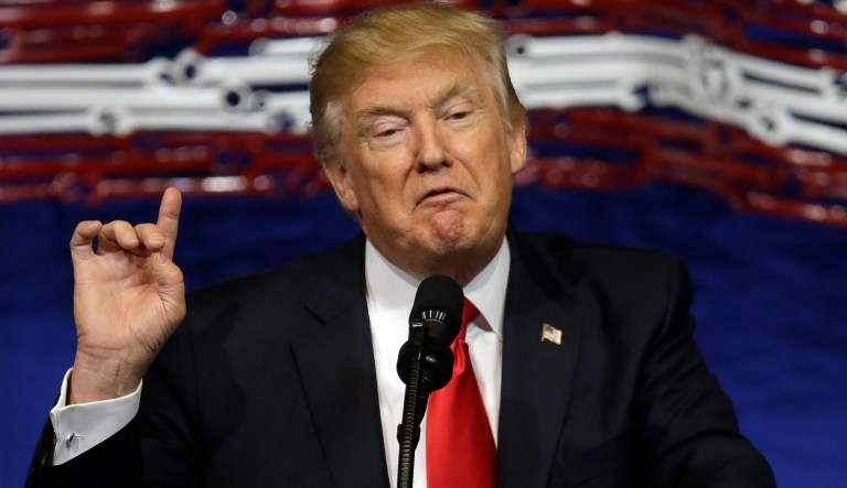 President Donald Trump speaks at Snap-On Tools, Tuesday, April 18, 2017, in Kenosha, Wis. 