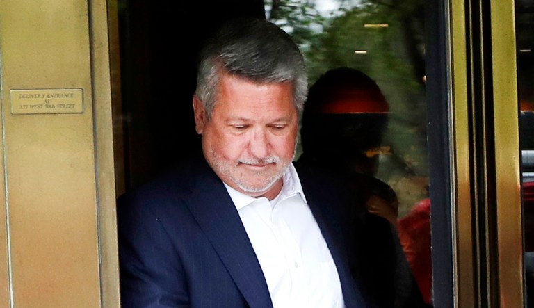 In this 2017 photo, Fox News co-president Bill Shine, left, leaves a New York restaurant.