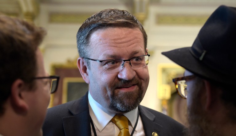 Deputy assistant to President Trump, Sebastian Gorka, talks with people in the Treaty Room in the Eisenhower Executive Office Building on the White House complex in Washington, Tuesday, May 2, 2017, during a ceremony commemorating Israeli Independence Day.
