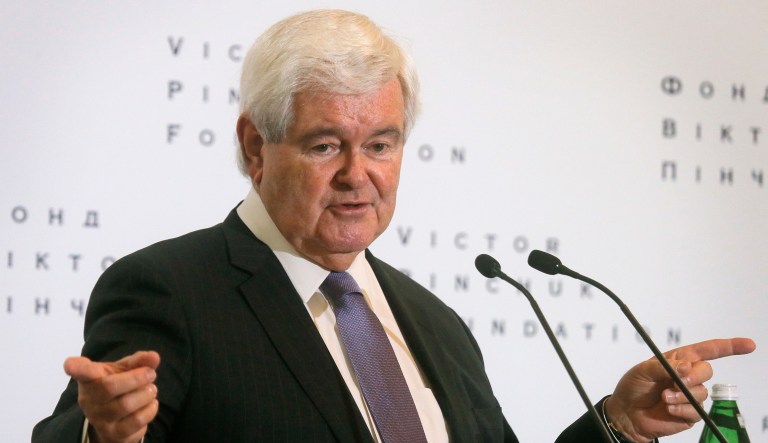 Former Speakers of the United States House Newt Gingrich gestures as he delivers a public lecture "Where is the United States going and what does it mean for Ukraine?" for Ukrainian students in Kiev, Ukraine, Tuesday, May 16, 2017.