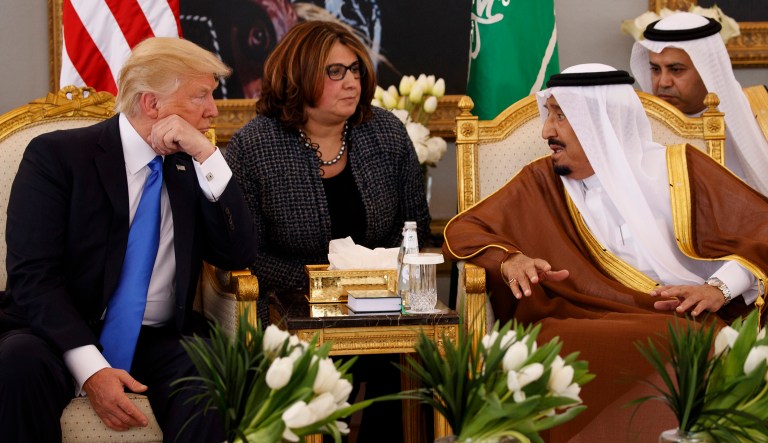 President Trump (left) talks with Saudi King Salman (right) after a welcome ceremony at the Royal Terminal of King Khalid International Airport in Riyadh.