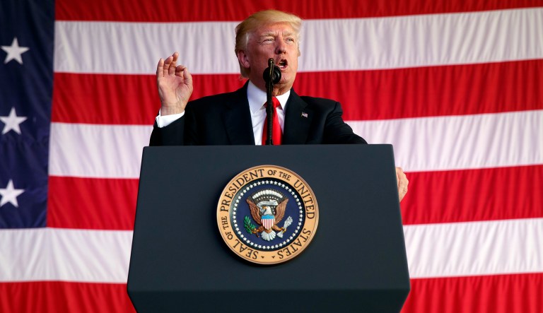 President Donald Trump speaks to U.S. military troops and their families at Naval Air Station Sigonella, Saturday, May 27, 2017, in Sigonella, Italy. 