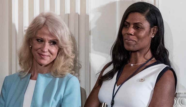In this photo taken April 20, 2017, from left, Counselor to the President Kellyanne Conway, White House Director of communications for the Office of Public Liaison Omarosa Manigault, and White House Communications Director Mike Dubke, attend a news conference in the East Room of the White House in Washington. Dubke has resigned as President Donald Trump considers a major staff overhaul amid intensifying inquiries into his campaign's dealings with Russia. 