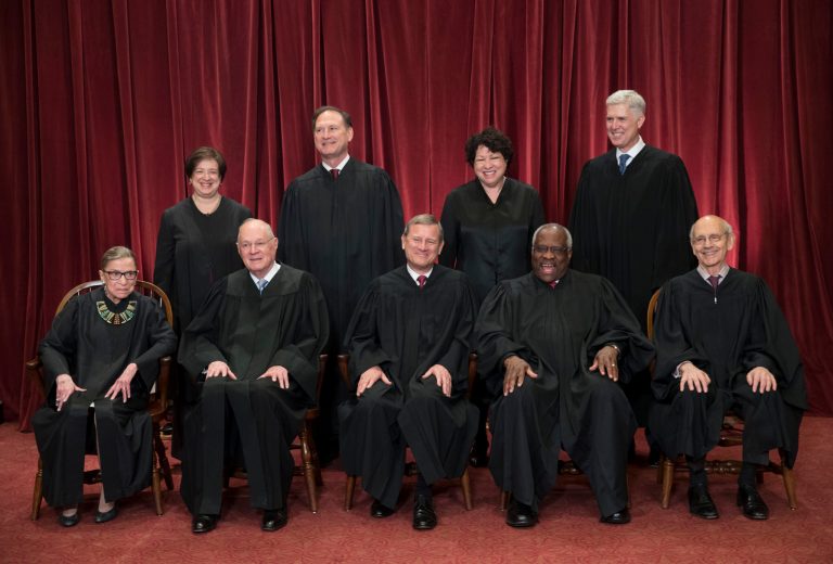 In this photo from June 2017, the justices of the U.S. Supreme Court gather for an official group portrait at the Supreme Court Building in Washington.
