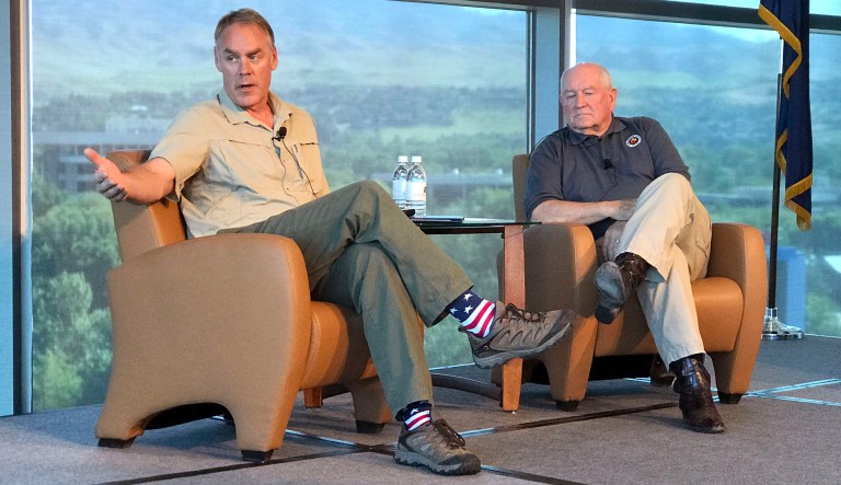U.S. Interior Secretary Ryan Zinke, left, and Agriculture Secretary Sonny Perdue speak in Boise, Idaho, on Friday, June 2, 2017. Both emphasized cooperation among federal, state, tribal and local agencies in battling wildfires as the main part of the wildfire season arrives.