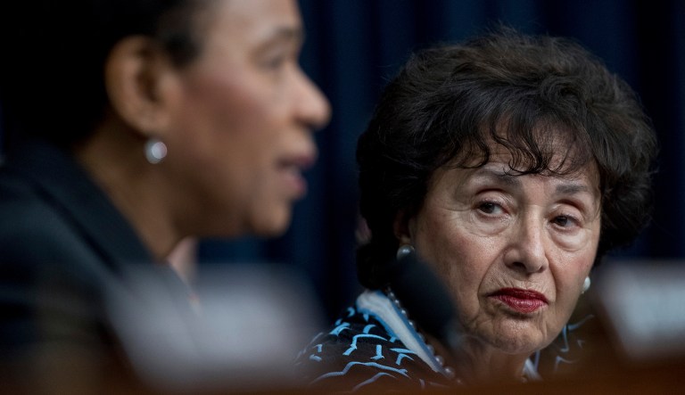 Rep. Nita Lowey, D-N.Y., right, listens as Rep. Barbara Lee, D-Calif., left, questions.
