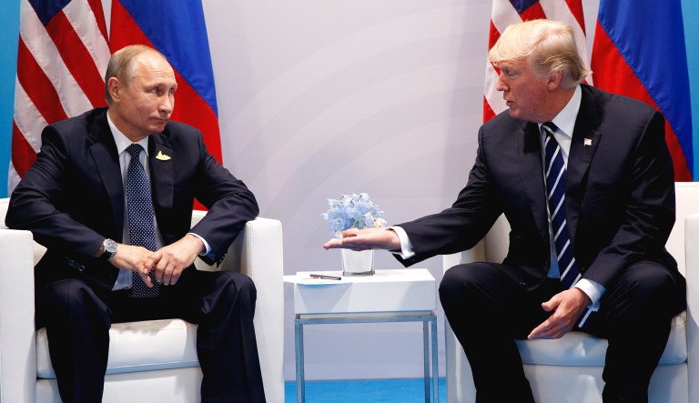 President Trump (right) meets with Russian President Vladimir Putin in 2017 at the G20 Summit in Hamburg.