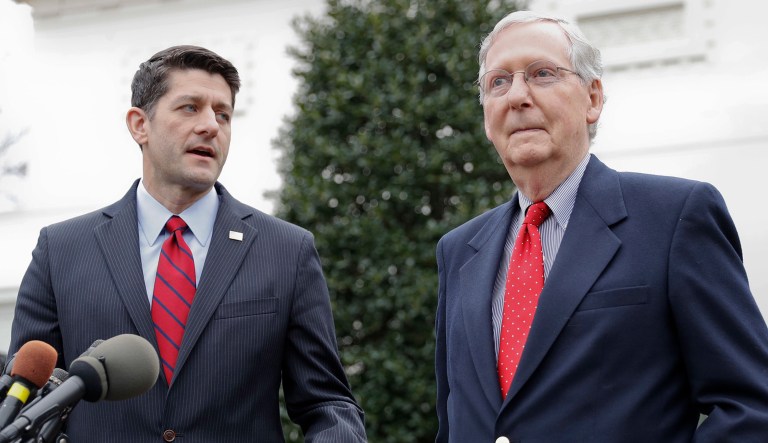House Speaker Paul Ryan of Wis., and Senate Majority Leader Mitch McConnell of Ky. meet with reporters in Washington. 