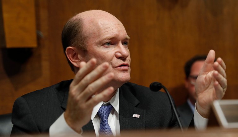 Sen. Chris Coons, D-Del., speaks during a hearing on Capitol Hill in Washington.