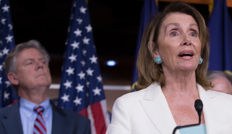 In this July 20, 2017 photo, House Minority Leader Nancy Pelosi, D-Calif., with Rep. Frank Pallone, D-N.J., speaks during a news conference on Capitol Hill in Washington.