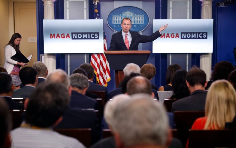 Budget Director Mick Mulvaney gestures while speaking during the daily press briefing at the White House in Washington, Thursday, July 20, 2017. On the far left is Deputy White House press secretary Sarah Huckabee Sanders.