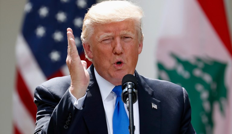 President Donald Trump speaks during a joint news conference with Lebanese Prime Minister Saad Hariri in the Rose Garden of the White House in Washington, Tuesday, July 25, 2017.