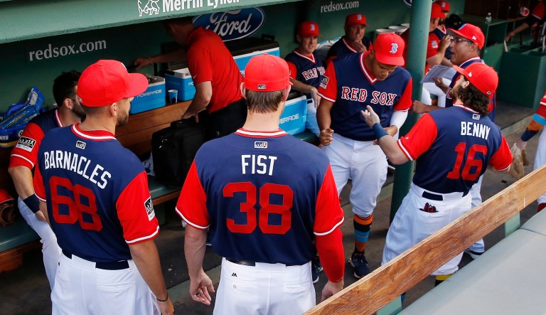 Boston Red Sox players wear uniforms with their nicknames on the back to celebrate Players Weekend before a baseball game against the Baltimore Orioles in Boston on Friday.