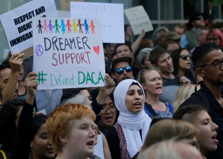 Supporters of the Deferred Action for Childhood Arrivals (DACA) yell during a protest outside of the Federal Building in San Francisco, Tuesday, Sept. 5, 2017. President Donald Trump on Tuesday began dismantling DACA, the government program protecting hundreds of thousands of young immigrants who were brought into the country illegally as children.