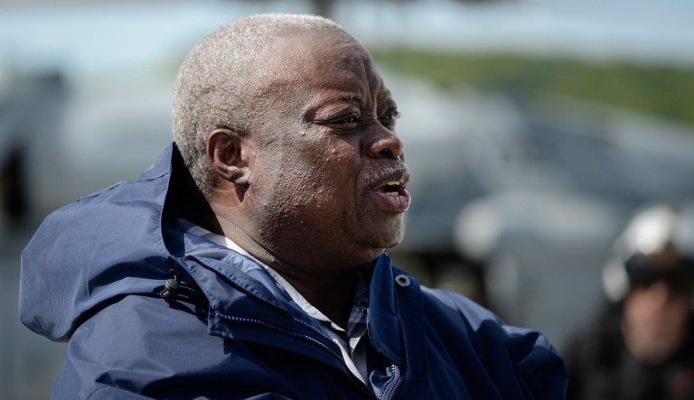 U.S. Virgin Islands Gov. Kenneth Mapp arrives at the Charles F. Blair National Guard Hangar on Sept. 8, 2017.