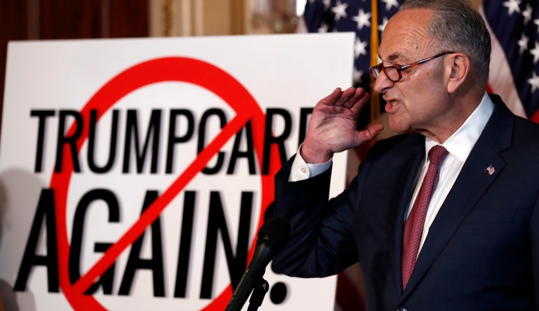 Senate Minority Leader Sen. Chuck Schumer of N.Y., speaks about healthcare, Monday, Sept. 18, 2017, on Capitol Hill in Washington. Senate Republicans are revving up a final push to scuttle President Barack Obama's health care law. Though the effort faces low odds of success and just a two-week window to prevail, Democrats backed by doctors, hospitals, and patients' groups are mustering an all-out effort to smother the GOP drive once and for all.